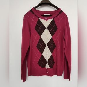 Bass crewneck cardigan pink with white/brown argyle size large